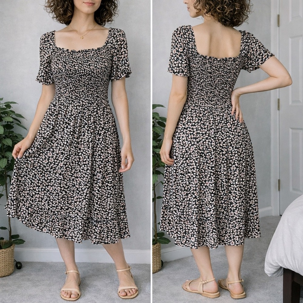 Heyson Black Floral Smocked Midi Dress Puff Sleeve Cottagecore Boho Romantic